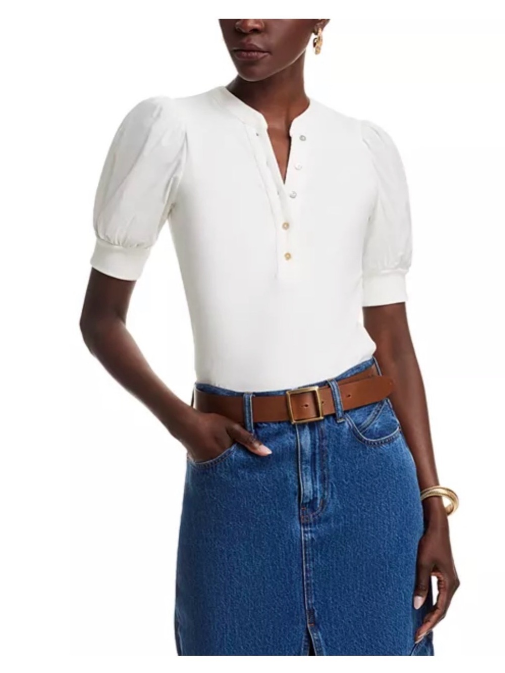 White Puff-Sleeve Henley Bodysuit